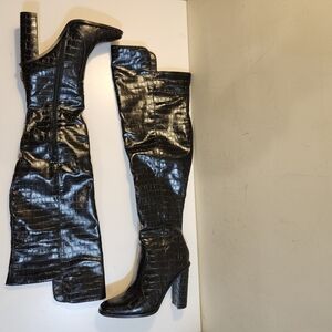 Black Croc-Embossed Over-the-Knee Boots Size 7.5